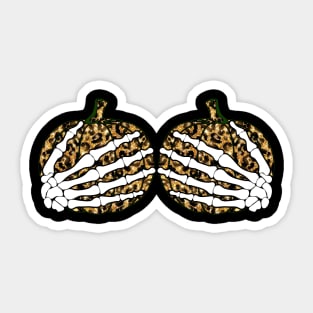 Funny Halloween Shirts For Women Pumpkin  Skeleton Hands On Boobs Leopard Sticker